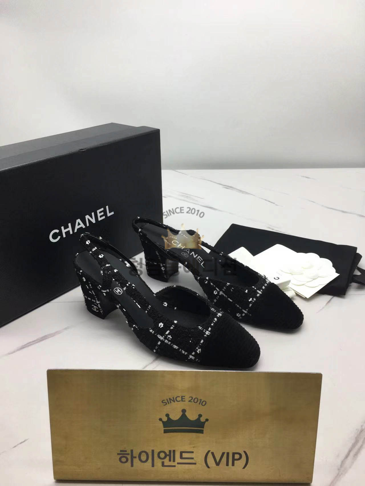 샤넬 트위드 슬링백 미들힐 (굽 6.5cm)