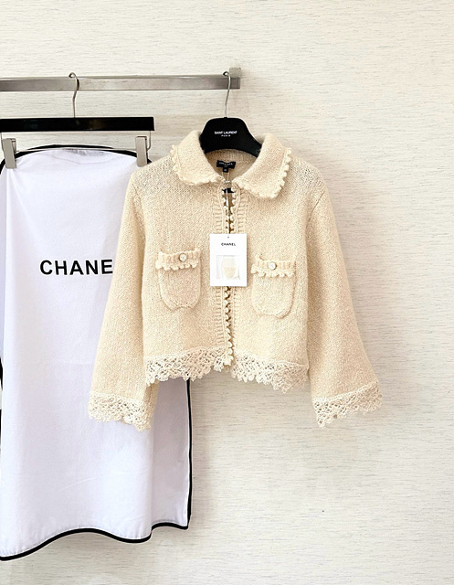 샤넬 레이스 트리밍 트위드 자켓 (컬러 아이보리, 블루)