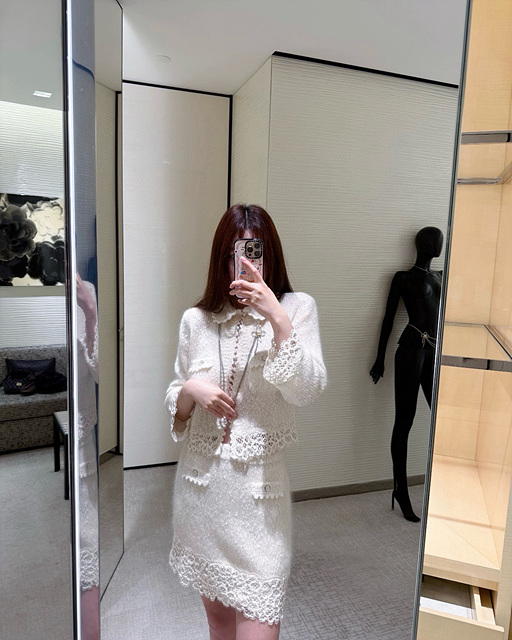 샤넬 레이스 트리밍 트위드 자켓 (컬러 아이보리, 블루)