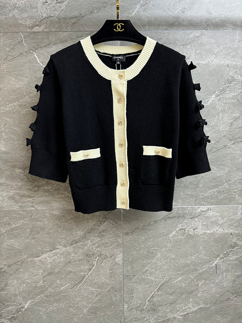 샤넬 리본 슬리브 배색 반팔 가디건 (3COLOR)